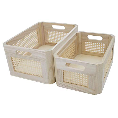 Rattan Woven Wooden Storage Basket Set of 2, Round‑corner Rectangular - size: Rectangle A - 2-Piece Set (Large & Small)