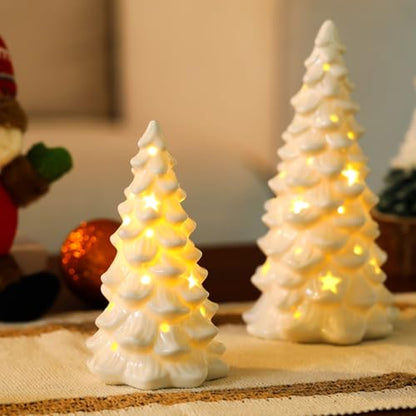 HOMCDALY 2 PCS White Small Christmas Tree with Lights, Mini Christmas Tree for Christmas Décor, Tabletop Xmas Tree Figurines, Christmas Decorations（Ceramic）