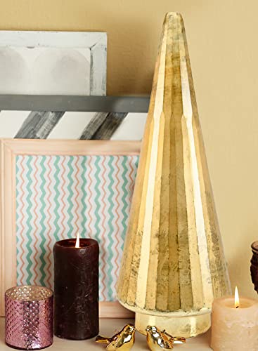 Serene Spaces Living Gold Glass Christmas Tree, Decorative Xmas Tree Sculpture, Holiday Decoration Figurine, Tabletop, Mantel Decor, Large, 7.5" Diameter & 25.5" Tall - size: Large