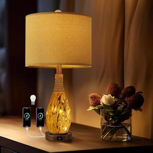OYEARS 23" USB A+C Table Lamp for Bedroom Living Room Modern Bedside Lamps Retro Farmhouse Rattan Glass Nightstand Nightlight Lamps (Amber),Two Light Points - color: Wood Brown
