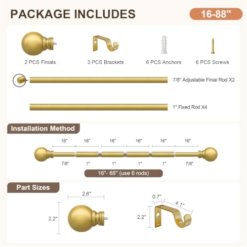 Modern Gold Curtain Rods for Windows 48 to 84 Inches Drapery Rods - color: Gold, size: 16"-88"|1 Pack