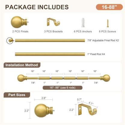 Modern Gold Curtain Rods for Windows 48 to 84 Inches Drapery Rods - color: Gold, size: 16"-88"|1 Pack