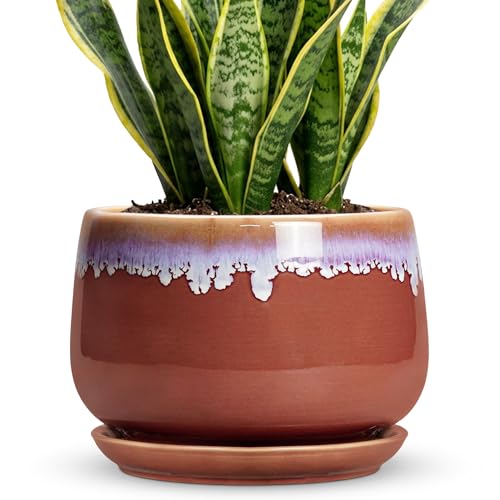 9 Inch Ceramic Planter, Indoor Planters with Drainage, Red-Purple - size: 9 Inch, style: Red-purple
