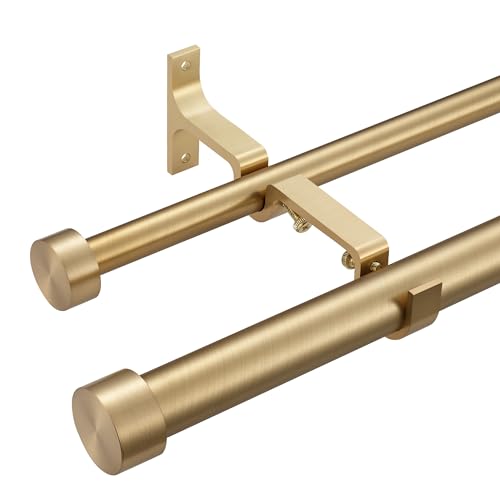 Double Curtain Rods for Windows, 1''Front and 5/8''Back Double Drapery Rods with Premium Aluminum Brackets and End Cap Finials, Adjustable Double Window Curtain Rod (Warm Gold, 36-72") - color: Warm Gold, size: 36-72"