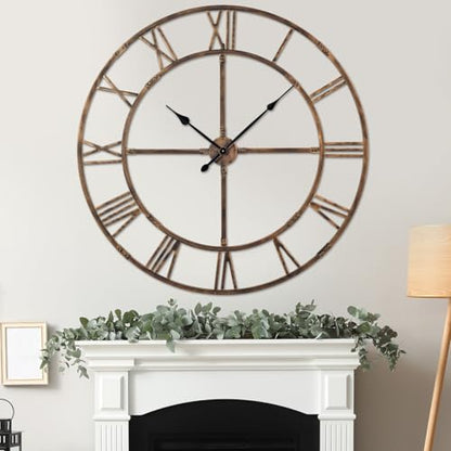 32 Inch Large Silent Wall Clock, Easy Assembly Roman Numeral Bronze - color: Bronze Metal Wall Clock, size: 32inch