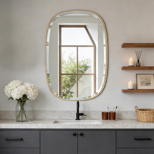 POZINO 32"x24" Brushed Gold Oblong Beveled Bathroom Mirror for Over Sink - color: Gold Rectangle, size: 32"L x 24"W