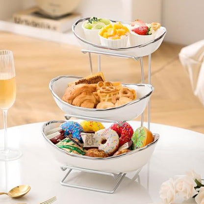 Gold Silver Fruit Bowl with Metal Stand, 3 Tier Ceramic White Fruit Bowl Fruit Rack for Kitchen Counter, Tiered Fruit Basket for Snacks Bread Candy Storage (Silver (Smooth Surface)) - color: Silver (Smooth Surface)
