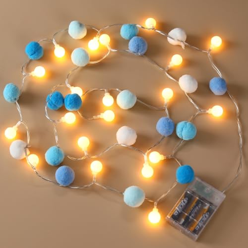 9.84FT Pom Poms Fairy Lights 30 LED Battery & USB Operated String Lights - color: Blue, size: 9.54 FT