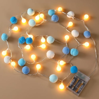 9.84FT Pom Poms Fairy Lights 30 LED Battery & USB Operated String Lights - color: Blue, size: 9.54 FT