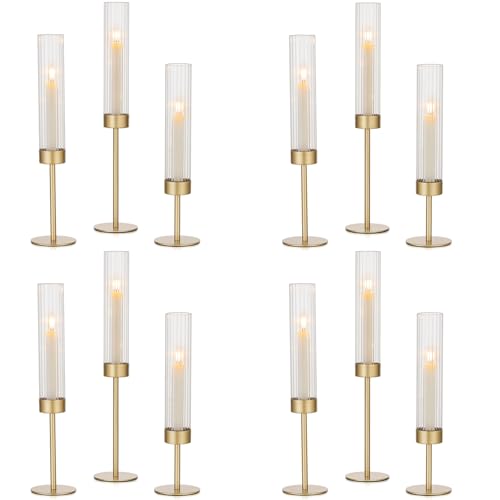 Hewory Gold Hurricane Candle Holders: 12 PCS Brass Tall Candlestick Taper Candle Holders Bulk for Candlesticks Candle Sticks Holder Decor for Table Centerpiece Wedding Party Christmas Decorations - color: Matte Gold, size: 12PCS