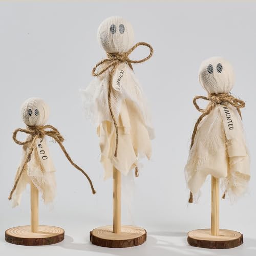 Halloween Decorations Indoor - Set of 3 Primitive Ghosts on Wooden Stand for Table, Shelf and Mantel - Handmade Cotton and Linen Spooky Decor for Room