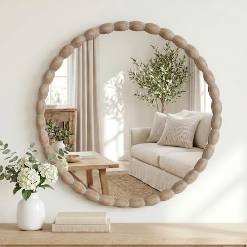 30"x30" Round Solid Wood Farmhouse Decorative Wall Mirror - color: Beaded-natural Color, size: 30"L x 30"W