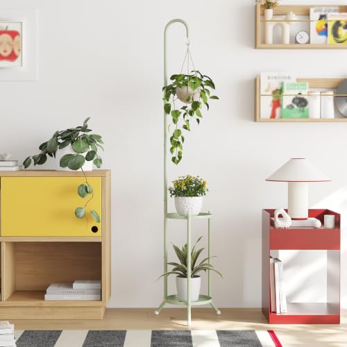 2-Tier Metal Plant Stand with Hanging Hook,Green - color: Green