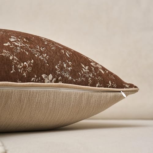 Spring Flower Throw Pillow Cover 24x24 Inch Brown Vintage Floral Pillow Cover Farmhouse Summer Cushion Cover Leaf Retro Chenille Pillowcase Home Decor for Sofa Living Room Couch - color: Brown, size: 24" x 24" (Pack of 1)