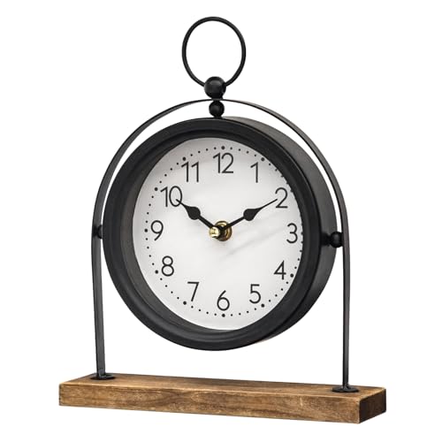 Vintage Small Table Clock, Black Metal Farmhouse Table Clock with Wooden Base, Silent Non-Ticking Battery Operated Desk and Shelf Clocks for Living Room, Kitchen, Bedroom Decor - color: Black-2