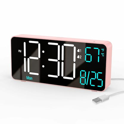 KOSUMOSU Alarm Clocks for Bedrooms, 6.7in Small Digital Clock, Auto Dimming, Room Temperature, Day of The Week, Date, Seconds, Digital Clocks for Living Room, Alarm Clock - color: Pink (White + Blue Digits)