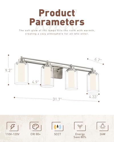 HWH Bathroom Vanity Light, Brushed Nickel, 4-Light, 5CCT, 5HLT63B-4W-LED BN - color: Brushed Nickel + LED, size: 4 Lights