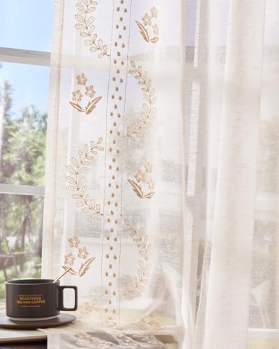 jinchan Floral Linen Curtains, Back Tab 50x63 Inch, 2 Panels Beige - color: S | Beige, size: 50"W x 63"L (Pack of 2)