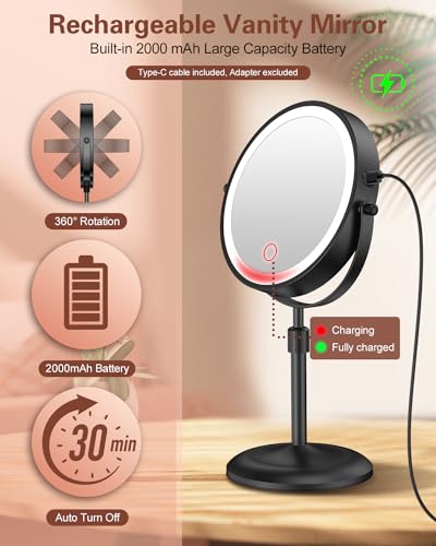 7" Lighted Makeup Mirror with Magnification 10X, Height Adjustable,3 Lights - color: Black