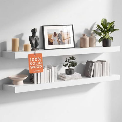 Homeforia 42 Inch Floating Shelves, High-End Solid Pine Wood, Set of 2 - color: Classic White - Soft Neutral Satin, size: 42 inch