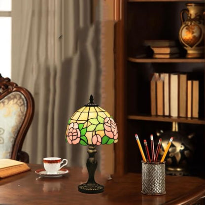 Small Tiffany Table Lamp,3 Color Temperature Pink Rose Stained Glass Table Lamps for Living Room, Dining Room,Bedroom Bedside Nightstand Night Light,W/LED Bulb,8X8X15Inch - color: Pink Rose 8X8X15Inch
