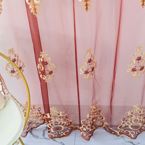 Amidoudou Rod Pocket Curtains European Luxury Sheer Embroidered Curtains for Living Room Bedroom (Red,52" W x 96" L (Pack of 2)) - color: Red, size: 52"W x 96"L (Pack of 2)