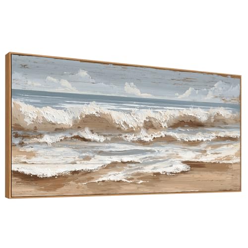 The Mode Art Ocean Wave Canvas Print Framed Beach Landscape Wall Decor Neutral Blue & Beige Artwork for Living Room Bedroom Sofa Fireplace 24x48inch - color: Beach, size: 48"L x 24"W