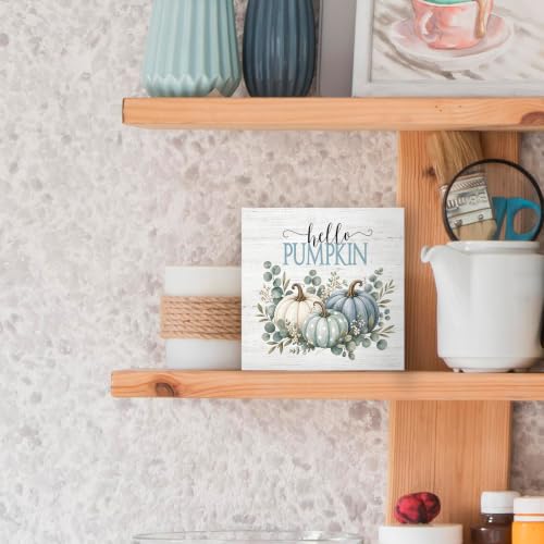 Hello Pumpkin Fall Eucalyptus Botanical Wood Box Sign Desk Decor 5X5 - color: Sage Green & Blue