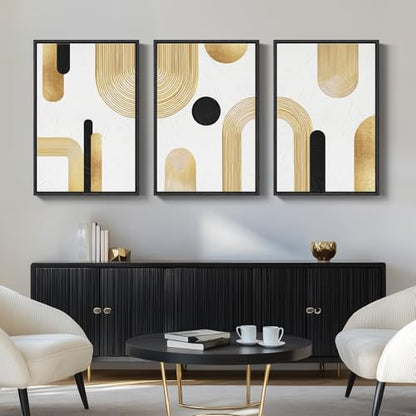 Large Framed Gold Abstract Geometric Wall Art for LIving Room, 3 Piece - color: Bold, size: 24" W x 36" H x 3Pcs