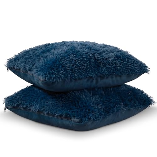 Cheer Collection Throw Pillows for Couch and Bed, Soft Shaggy Throw Pillows with Inserts Included, Cozy Long Hair Faux Fur Pillows - Set of 2-18" x 18" - Navy Blue - color: Navy Blue, size: 18 x 18-Inch