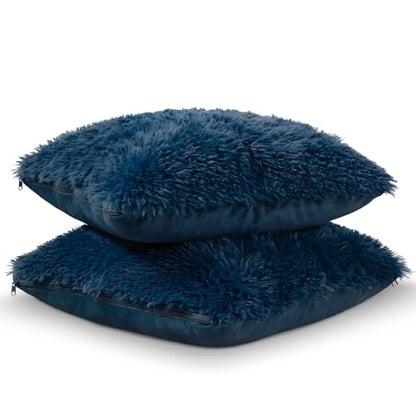 Cheer Collection Throw Pillows for Couch and Bed, Soft Shaggy Throw Pillows with Inserts Included, Cozy Long Hair Faux Fur Pillows - Set of 2-18" x 18" - Navy Blue - color: Navy Blue, size: 18 x 18-Inch