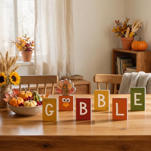 Smile 7 Pcs Thanksgiving Decor Indoor Wooden Sign, Turkey Gobble for Rustic Farmhouse Home, Thanksgiving Table Tiered Tray Kitchen Decorations. - style: Gobble