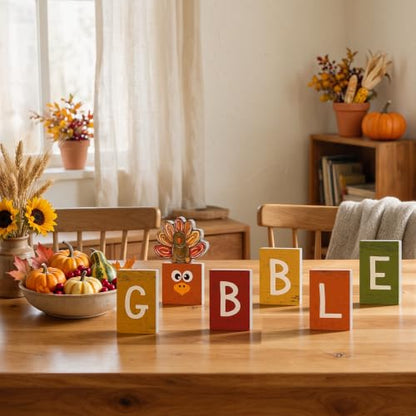 Smile 7 Pcs Thanksgiving Decor Indoor Wooden Sign, Turkey Gobble for Rustic Farmhouse Home, Thanksgiving Table Tiered Tray Kitchen Decorations. - style: Gobble