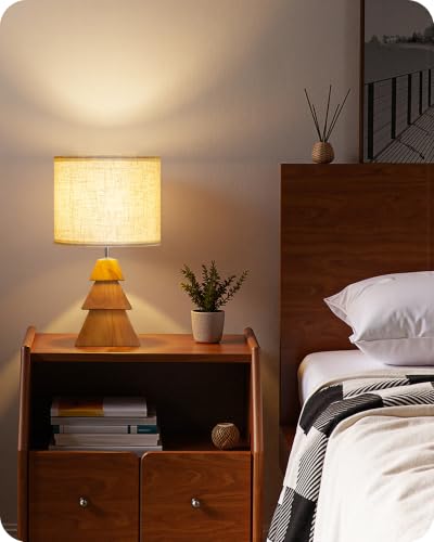 Wood Table Lamp, Wood Bedside Lamp with Tree-Shaped Base & Linen Lampshade, Modern Cute Desk Lamp for Living Room, Bedroom, E26 Base, Bulb Not Included, Beige and Dark Natural LE08TL05 - color: Beige+Pearwood Tree Shaped