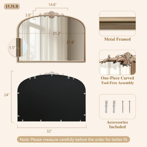 Besdomus Antique Gold Wall Mirror: 32"x24" French Arched Decorative Mirrors - color: Champagne Gold, size: 24"L x 32"W