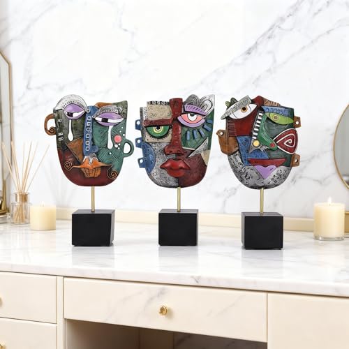 3PC Abstract Face Sculptures, Afrocentric Pop Art Decor, Modern Resin Statue Handcrafted Table Sculpture, Bookshelf Decor, TV Stand Ornaments, Artsy Coffee Table, Living Room Accent, Cabinet