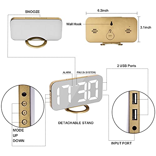 SZELAM Digital Alarm Clock,LED and Mirror Desk Clock Large Display,with Dual USB Charger Ports,3 Levels Brightness,12/24H,Modern Electronic Clock for Bedroom Home Living Room Office - Gold - color: Gold