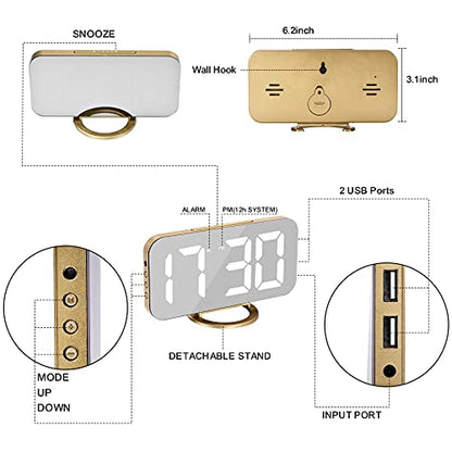 SZELAM Digital Alarm Clock,LED and Mirror Desk Clock Large Display,with Dual USB Charger Ports,3 Levels Brightness,12/24H,Modern Electronic Clock for Bedroom Home Living Room Office - Gold - color: Gold