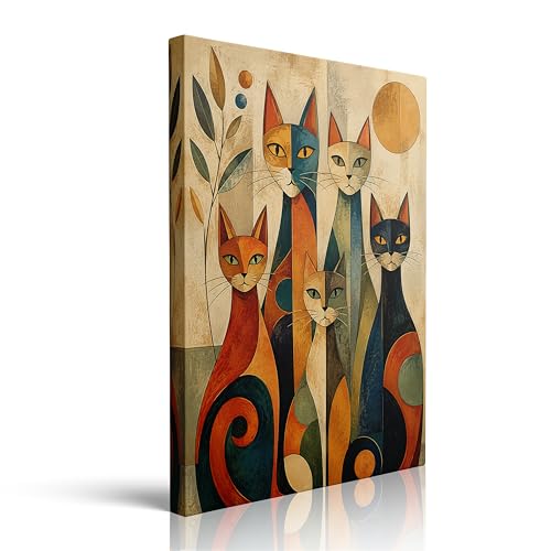 Vintage Style Cat Canvas Wall Art Framed Abstract Feline Decor 16x24 Inch - color: Geometric Cats, size: 24"L x 16"W