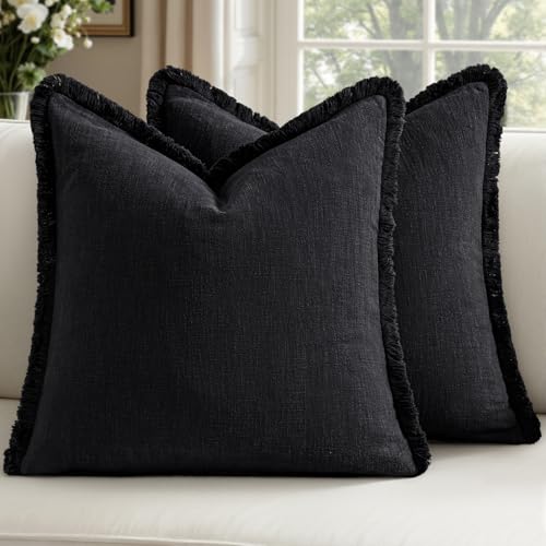 Linen Fringe Throw Pillow Covers 20x20 Inch Set of 2,Black - color: Black, size: 20" x 20" (Pack of 2)