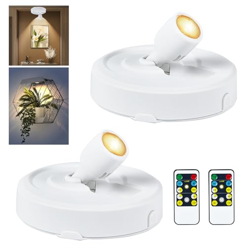 RAHAN 2Pack Battery Operated LED Spotlight, Picture Spot Lights, Indoor Uplights with Remote Dimmable & Timer, Plants Puck Light, Wall Display Lights for Dartboard Paintings Portrait Artwork - color: White-w