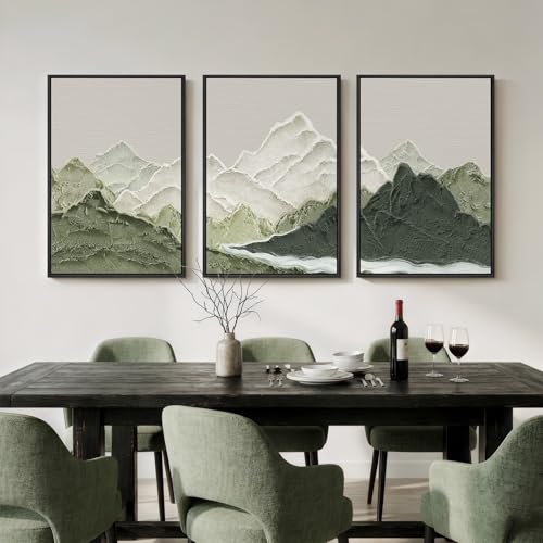 Framed Green Abstract Mountain Wall Art for Living Room, 3 Piece, 24x36 In - color: Green White Gray, size: 24" W x 36" H x 3Pcs