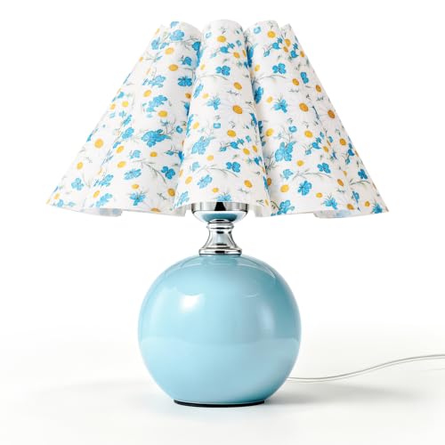 Blue Ceramic Small Table Lamp for Small Space, Cute Bedside Lamps Nightstand Mini Lamps, Scalloped Shade Lamp for Kitchen Counter, Bookshelf, Kids Dorm - color: Blue