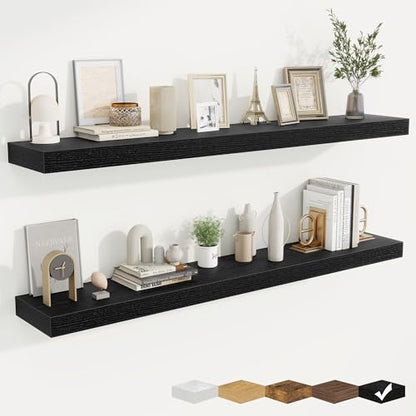 Floating Shelves for Wall, Wall Mounted Wood Shelves, Black, Set of 2, 55in - color: Black, size: 55"W x 6.5"D , 2 Pack