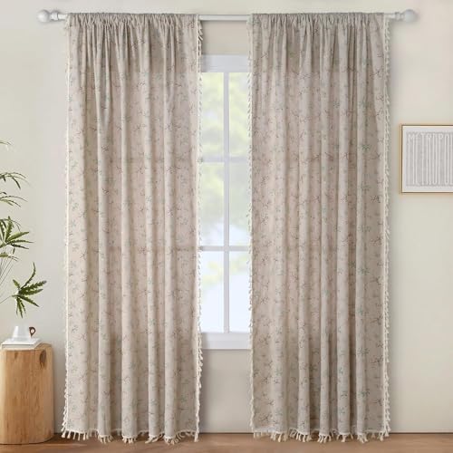 JOOJA Floral Boho Curtains, 2 Panels Semi-Blackout Vintage Window Drapes for Living Room 96 Inches Long Floral Patterned Farmhouse Curtains Rod Pocket Beige Curtains with Tassels for Bedroom 59x96 - color: Beige Floral, size: 59"W x 96"L (Pack of 2)
