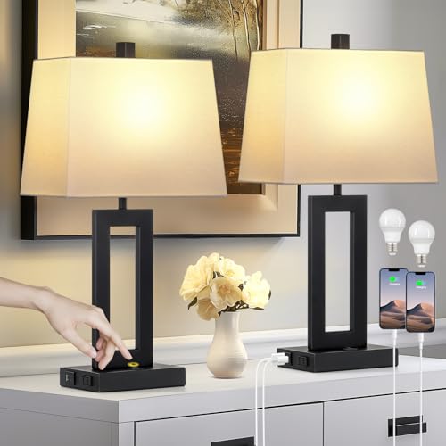 Cinkeda Black Bedside Table Lamp Set of 2,Nightstand Lamps with USB Ports - color: A.White&Black