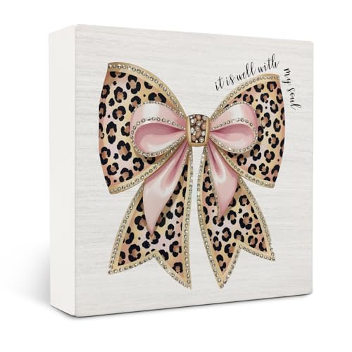 Leopard Print Bow Wooden Signs,Christian Bow Wooden Box Sign,Bible Verse Decoration For Home Office Shelf Table Decor 5x5 Inches - color: Bow10