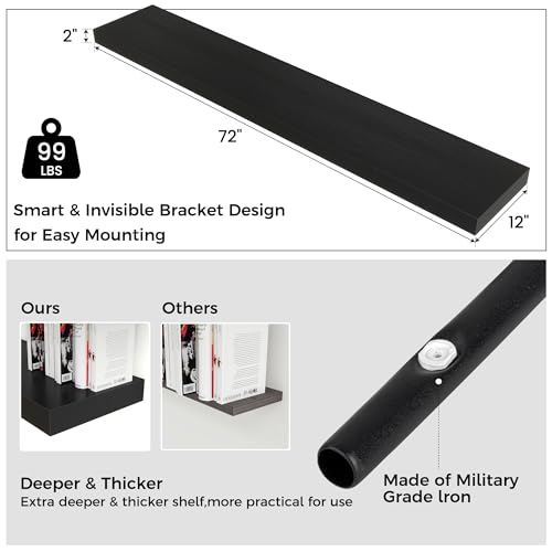 72 Inch Floating Shelves for Wall, 12"D Wood Storage Shelves, Black Finish - color: Black, size: 72 Inch