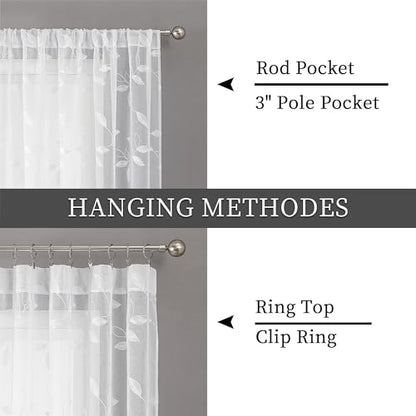 Tollpiz White Leaf Sheer Tier Curtains Kitchen 30 x 30 Inches - color: White, size: 30"W x 30"L (Pack of 2)