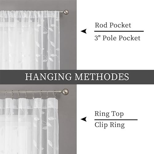 Tollpiz White Leaf Sheer Curtains Bedroom 54 x 84 Inches - color: White, size: 54"W x 84"L (Pack of 2)
